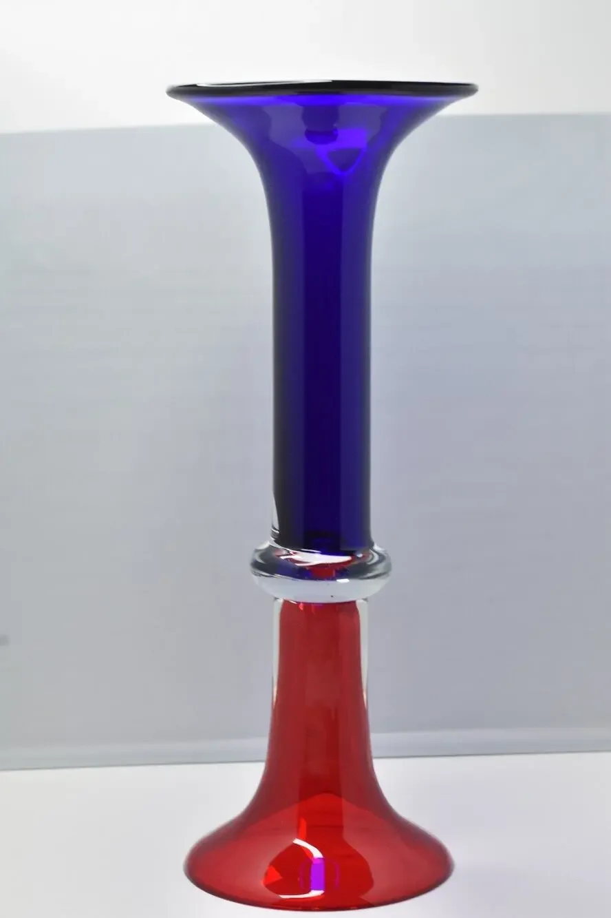 Murano Hand Blown Art Glass Red & Cobalt Blue Double Sided Trumpet Vase